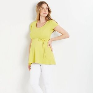 Motherhood Maternity Yellow Peplum Tie Front Top Short Sleeve Soft Stretch Knit